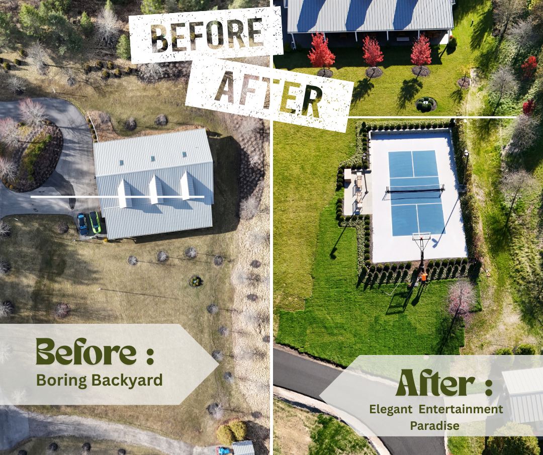 Aerial before and after: an open backyard lawn transformed into a hedged pickleball court with a bluestone patio