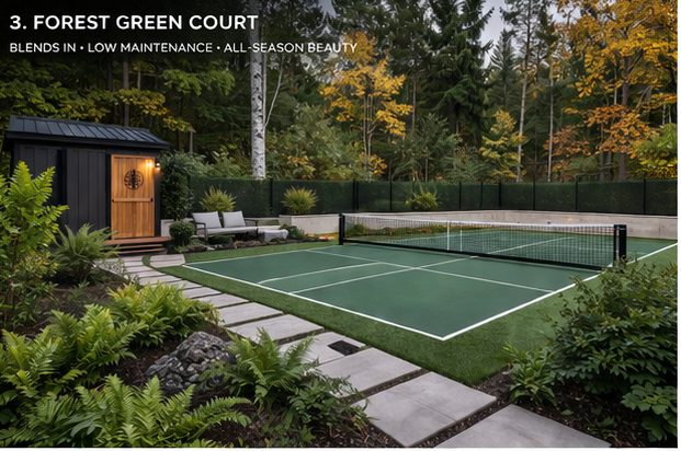 Concept rendering: forest green court surrounded by ferns, stepping stones and a small cabin