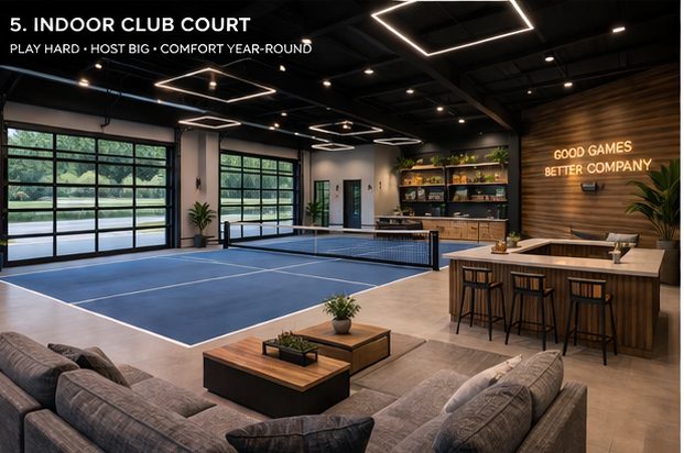 Concept rendering: indoor blue court with glass garage doors, a bar and lounge seating