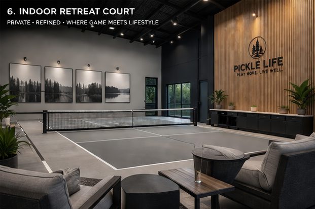 Concept rendering: indoor grey court with wood slat wall, framed photos and lounge chairs