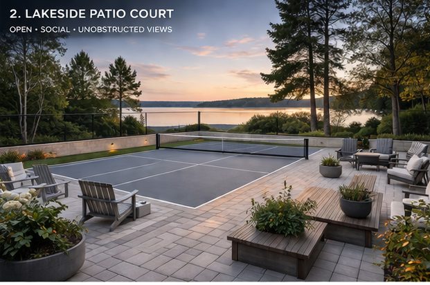 Concept rendering: grey court on a paver patio with Adirondack chairs overlooking a lake