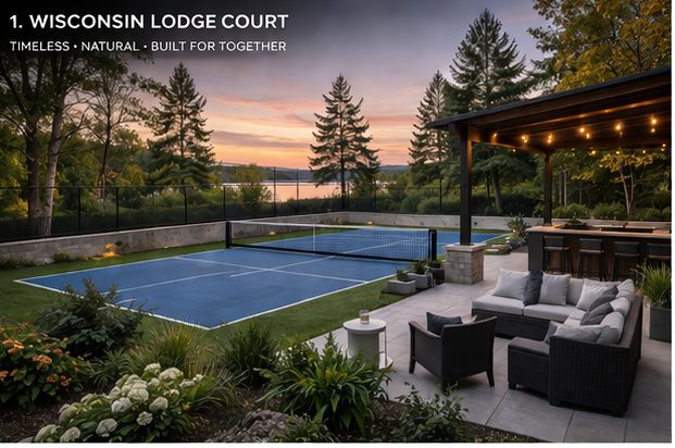 Concept rendering: blue court beside a covered lodge-style bar and lounge at sunset