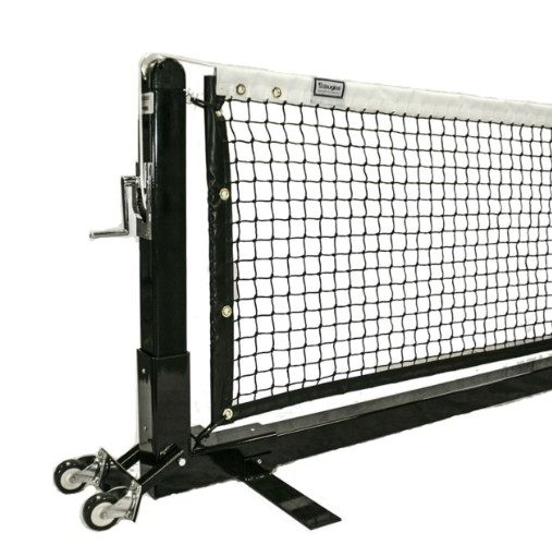 Black pickleball net post with crank tensioner and caster wheels
